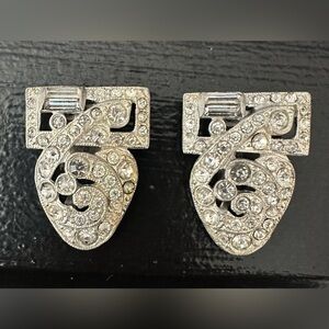 Vintage Duette Rhinestone Brooch Silver Crystal Pavé Scroll Dress Clips